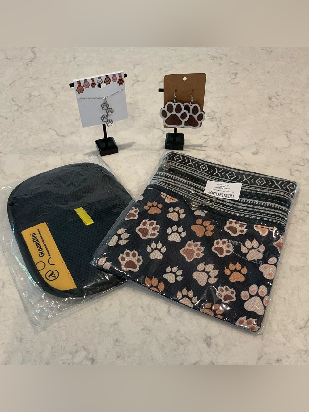 NWT Pet Lover 4-Piece Gift Set: Paw Print Crossbody, Grooming Glove, Jewelry Set
